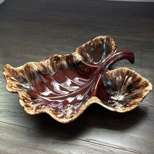 Hull Brown Drip Pottery Maple Leaf 3 section dish,centerpiece, Rare vintage 1960